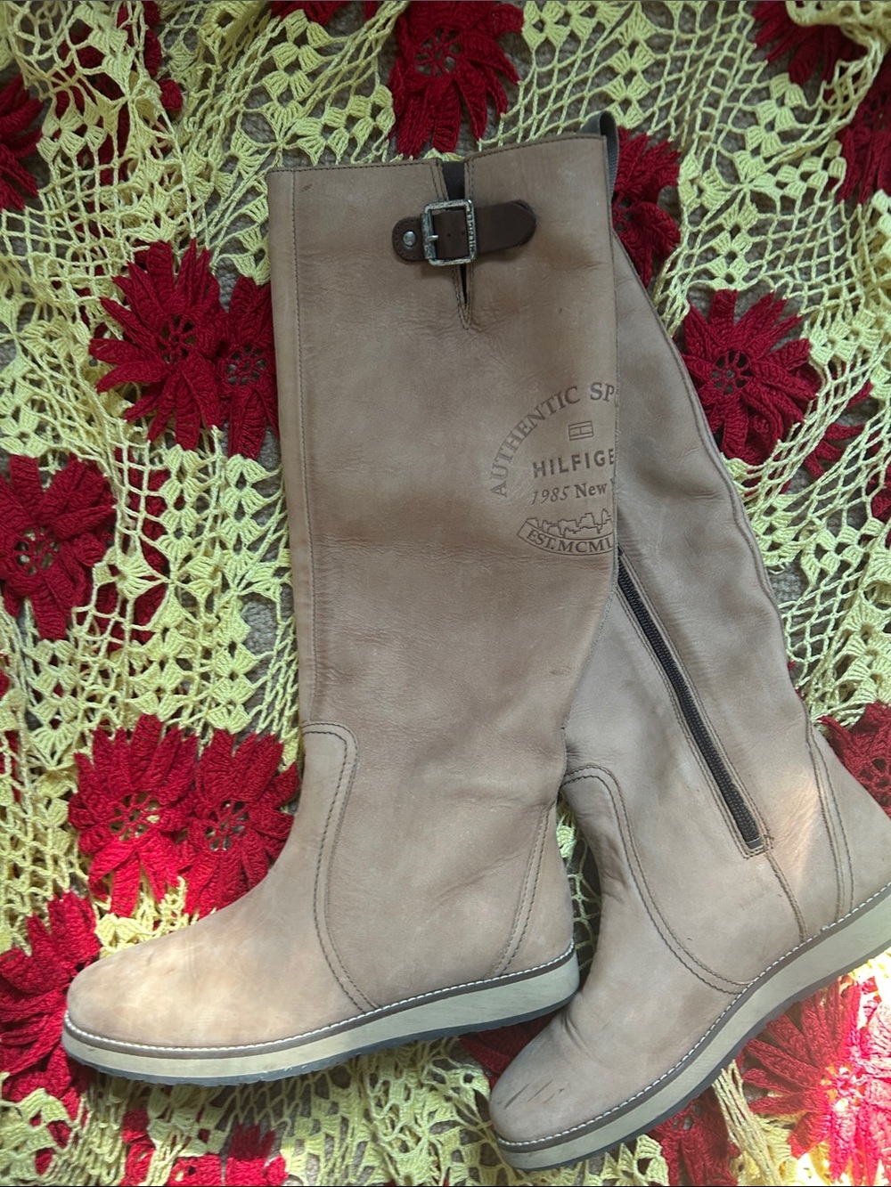 Tommy Hilfiger Taupe Leather Knee High Riding Boots Y2K US 5.5